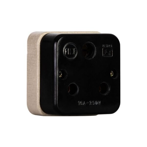 16A, 250V High Current Rating for heavy appliances 3-Pin Round Configuration compatible with standard Indian plugs Durable, Heat-Resistant Bakelite/Polycarbonate Body ISI Certified (IS:1293) for safety and quality Surface Mount Design for easy installation Safe 3-Wire Connection with earth grounding terminal