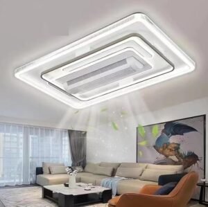 Modern Square Bladeless Ceiling Fan with Integrated LED Lighting.